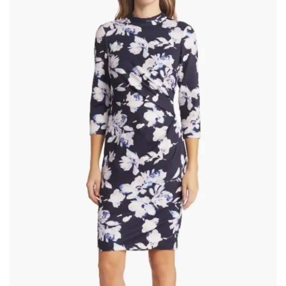 Eliza J | Dresses | Eliza J Navy Blue White Pink Floral Mock Neck Draped Cut Out Back Sheath Dress | Poshmark Eliza J | Dresses | Eliza J Navy Blue White Pink Floral Mock Neck Draped Cut Out Back Sheath Dress | Poshmark